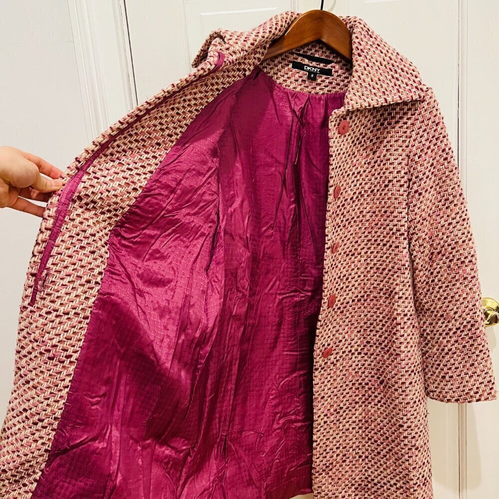 DKNY Ladies Women's Vintage Pink Tweed Over Coat Size 8 Medium Jacket - Picture 6 of 16